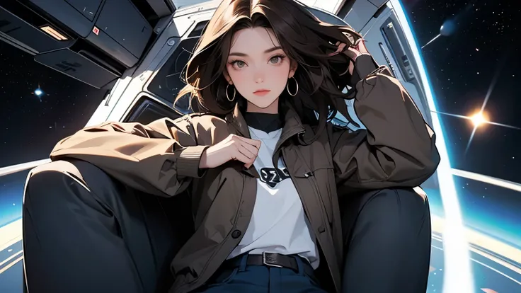 A beautiful woman. Dark brown hair. Twenty years old. She is looking at the camera with a serious expression. She is wearing a jacket and trousers. Subspace is expanding in the space behind her. A masterpiece.