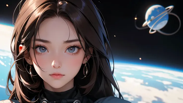 Upper body close-up image。One beautiful woman。Dark brown hair。Twenty years old。She is looking at the camera with a serious expression。She is wearing a jacket and pants。The space behind her is filled with outer space.。Masterpiece。