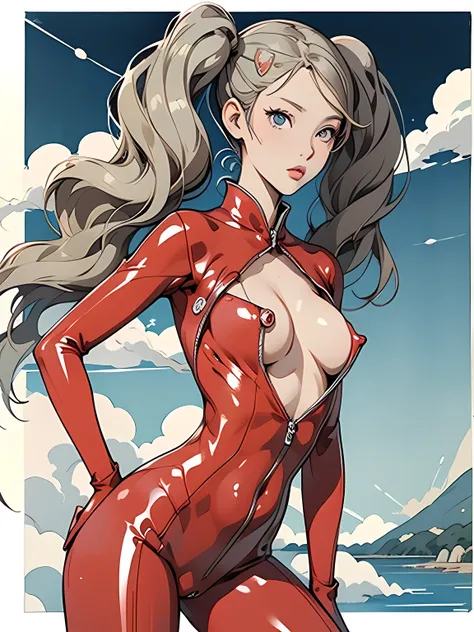 Hiroshige, Unfinished Painting, Summer resort, Ann Takamaki, red latex bodysuit, boob window, twin pigtails, Slightly slimmer body, posing like a model, (((Flat illustration))), very beautiful face, super cute, Blue sea and white clouds, (masterpiece:1.2, ...