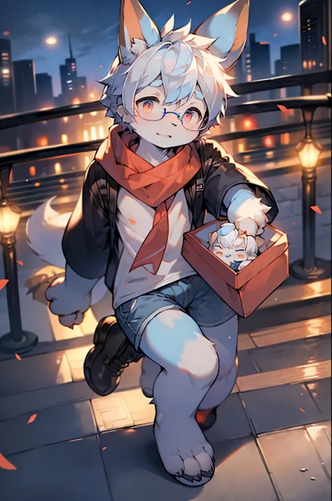 Dwarf rabbit boy，Bunny ears，Furry boys，Baby characteristics，Red pupil，Blue Skin，Blue arm，White hair，Glasses，scarf，Short sleeve，shorts，City square background