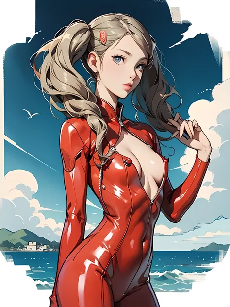 Hiroshige, Summer resort, Ann Takamaki, red latex bodysuit, twin pigtails, Slightly slimmer body, posing like a model, (((Flat illustration))), very beautiful face, super cute, Blue sea and white clouds, (masterpiece:1.2, Highest quality)