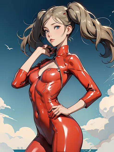 hiroshige, summer resort, ann takamaki, red latex bodysuit, twin pigtails, slightly slimmer body, posing like a model, (((flat i...