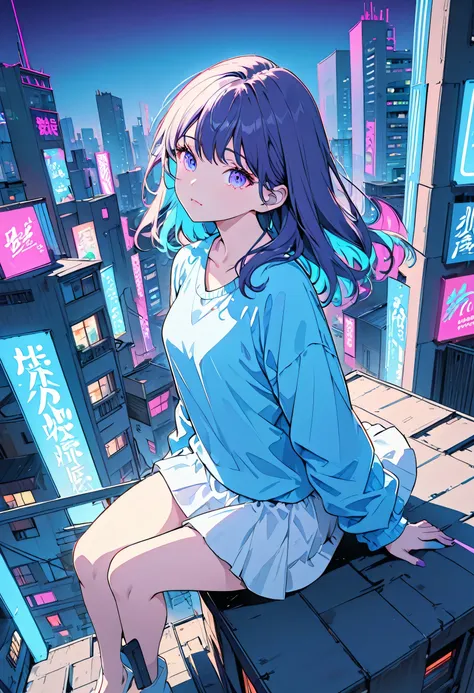 masterpiece,Highest quality,1 Synthwave style girl,Blue outline,Neon lit street,Blue fluorescent paint,alone,From above,Cowboy Shot,Sitting on the roof of a building,Highly detailed CG,Flat Color,Limited edition palette,No Line Art,silhouette,Partially col...