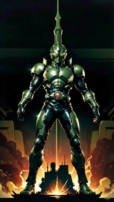 (masterpiece:1.5, best quality:1.5, extremely delicate:1.5), a man wearing a full-face helmet, a fantasy-style biotech armored combat suit, green eyes, (a composite layered chest armor), fully enclosed shoulder guards, matching arm and leg guards, belt of ...