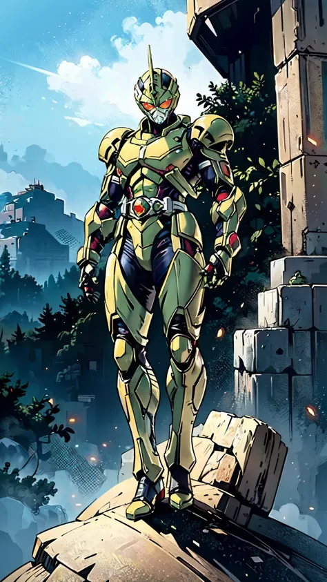 (masterpiece:1.5, best quality:1.5, extremely delicate:1.5), a man wearing a full-face helmet, a fantasy-style biotech armored combat suit, green eyes, (a composite layered chest armor), fully enclosed shoulder guards, matching arm and leg guards, belt of ...