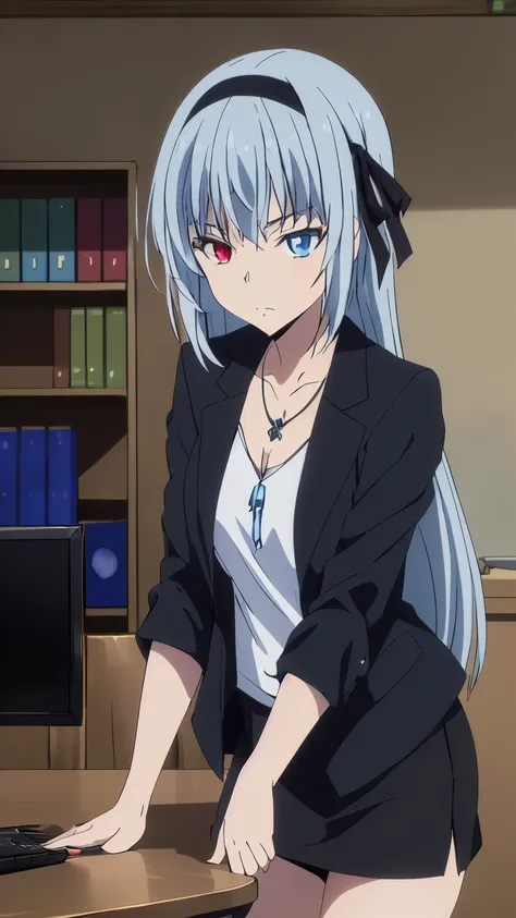 (masterpiece, highest quality, 8k:1.2), 1girl, Luminous, tensura, beautiful detailed eyes, Heterochromia, red eyes, blue eyes, bangs, silver hair, long hair, hair ribbon, hair band, jewelry, necklace, collarbone, (Long-sleeved black blazer, T-shirt, black ...