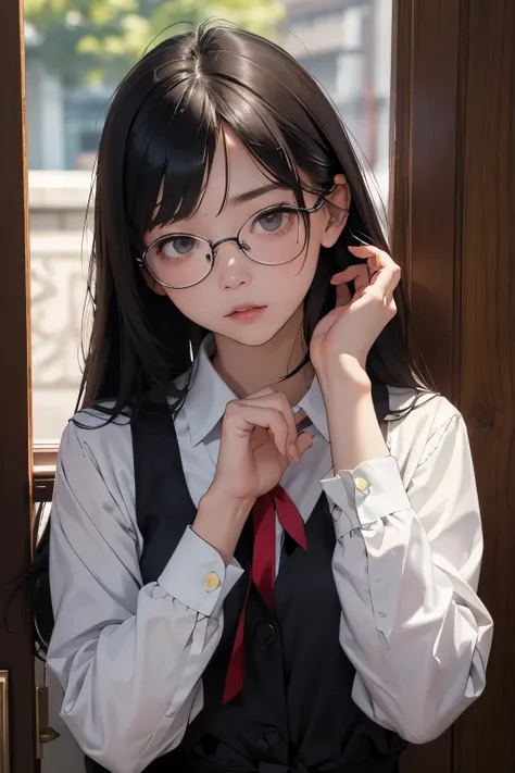 Highest quality、masterpiece、High sensitivity、High resolution、Detailed Description、Slender women、Glasses、The body is tied up、Frightened expression、