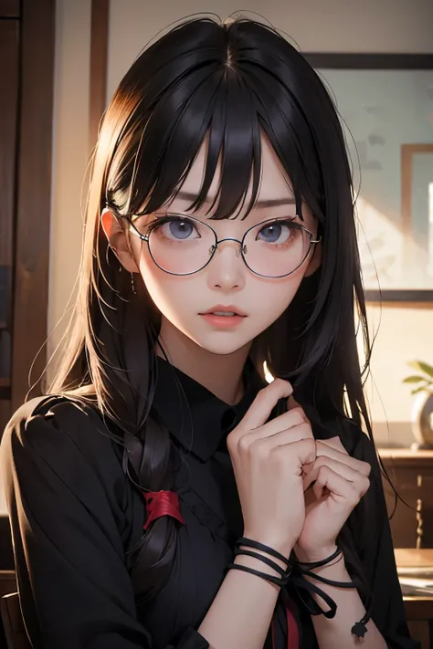 Highest quality、masterpiece、High sensitivity、High resolution、Detailed Description、Slender women、Glasses、The body is tied up、Frightened expression、