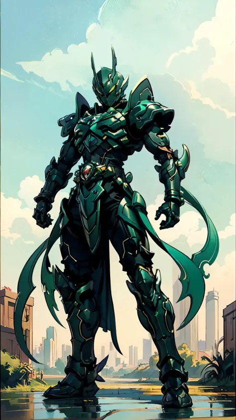 (masterpiece:1.5, best quality:1.5, extremely delicate:1.5), a man wearing a full-face helmet, a fantasy-style biotech armored combat suit, green eyes, (a composite layered chest armor), fully enclosed shoulder guards, matching arm and leg guards, belt of ...