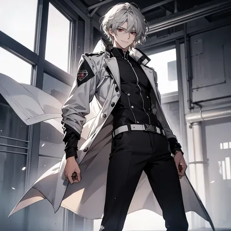 (Confused, High resolution, Very detailed), 1 male, Silver Hair,Shortcuts,Looks soft,Wavy Hair,short hair,Bright red eyes,White and black pilot suit,24th generation,beauty,mature,thin,quiet,Calm,A small smile,A kind smile,A shy smile,In front of people you...