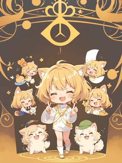 chibi, flat color, 独奏, cute, young, smile, closed eyes, open mouth, double peace sign, standing, full body shot,Dog ears, shiny gold silver blonde hair,bobcut curly hair,