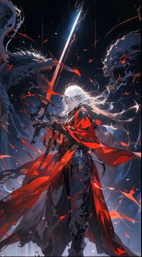 phantom, swordsman, 1 girl, Delicate and beautiful facial features, knight, Gorgeous armor, Armed with a lightning sword, Long black cloak, Red background, The expression is very fierce, Sexy body, Fighting spirit, ghost火, ghost, Skeleton, Monsters around ...