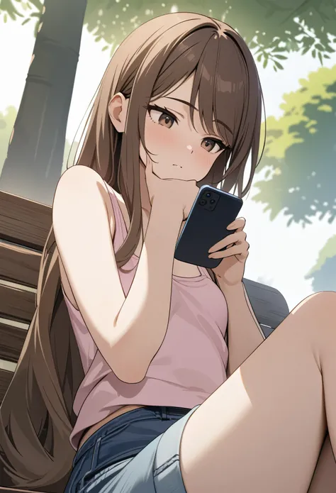 (masterpiece, best quality), stoic, looking at phone, beautiful face, upper body, close up, brown eyes, swept bangs, brown hair, very long hair, pink tank top, blue jean shorts, small breasts, sitting with legs crossed, hand on face, from below, bench, wil...