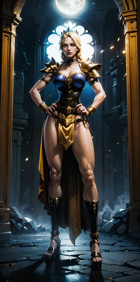 paladin lady in ornate golden armor, black collar, pauldrons, breastplate, corset, glowing halo, single braid, blonde, yellow glowing eyes, bright pupils, eye focus, red cape, temple indoors, stained glass windows, night, moonlight, particles, light beam, ...