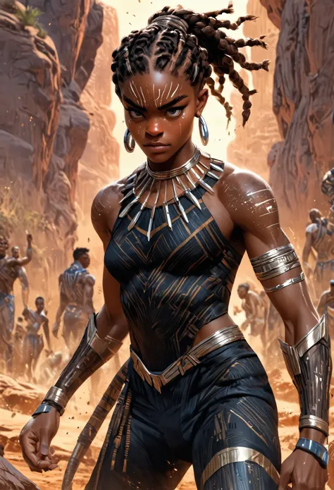 Letitia Wright as Shuri from the movie Black Panther Wakanda Forever, sci-fi boots, full body shot, highly detailed cinematic illustration, black outlining, full color illustration, vivid colors, white background, in the style of Boris Vallejo & Julie Bell...