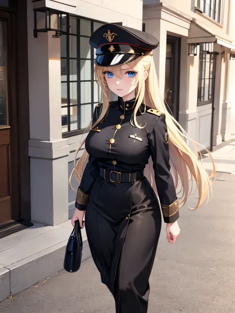 1woman,walking,blue eyes,Beautiful makeup, long eyelashes,early in the morning,stunning,full body photo, very detailed face,cute,,HD face, perfect face,Black army uniform, black army hat,,very big breasts,Blonde hair,blonde hair,blonde,bangs,long hair, str...