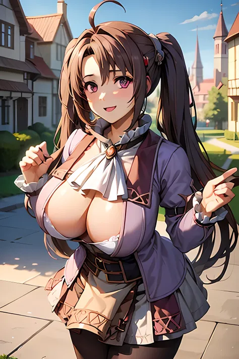 masterpiece, mischievous smile, light blush, looking at viewer, huge breasts, sexy pose, scEstelle, long twintails, (brown hair: 1.5), hairclip, ascot, purple jacket, white pleated skirt, pantyhose, open shirt, nipples, detailed castle in the background