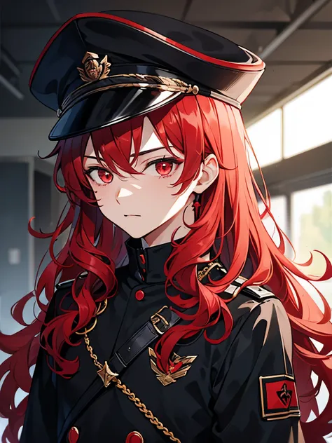 1boy,18 years old,cool,middle parted hairstyle,Curly hair, red hair, red eyes, long hair, vampire, handsome,,close up photo, walking,Black army uniform, black army hat