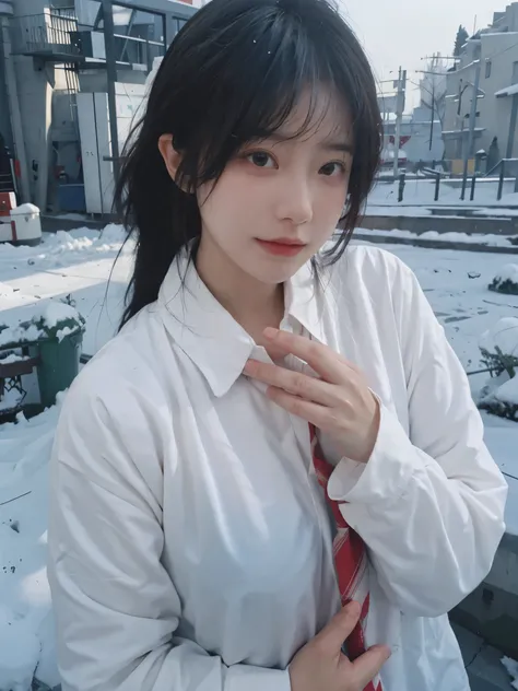 Best quality，masterpiece，Ultra-high resolution，snow，16K,Snow background，（Photo Realism：1.4),1 Girl，JK，Sexy，（Shirt and Tie：1.2),（Big breasts：1.3),（Upper body：1.4)