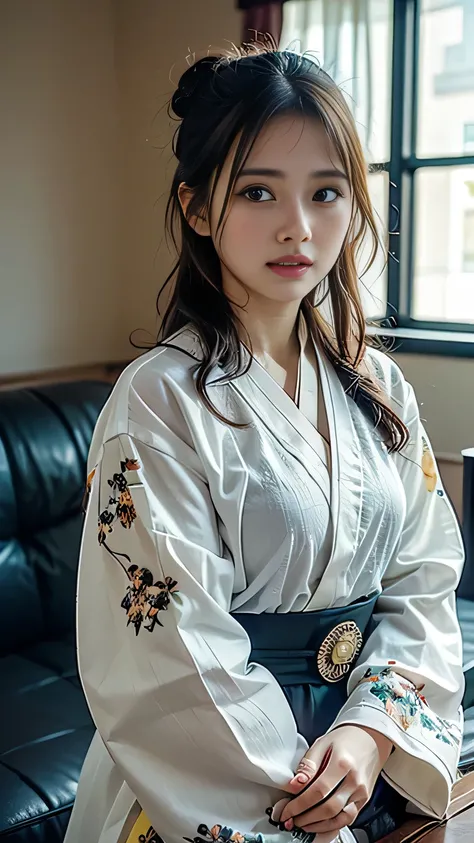 (Tabletop, Highest quality:1.4), Beautiful Face, 8k, 85mm, Absurd, (((living room:1.4)))、()White floral kimono:1.4)), ((Cowboy Shot:1.4))、Delicate, alone, Single hair bun:1.7、night, View your viewers, Upper Body, Film Grain, chromatic aberration, Sharp foc...