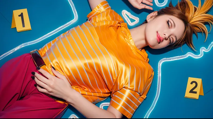 The image captures a young woman lying on her back on a vivid purple surface. Her striking orange hair fans out in dynamic, spiked tufts, adding a lively contrast to the scene. She wears a bright yellow striped shirt and brown trousers, adding to the vibra...