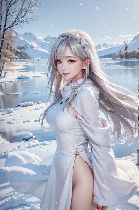 (the upper body:1.5).masterpiece、Highest quality、1 girl, winter, platinum blonde hair, Cute girl, smile, close mouse, medium breasts, sideboob:1.4, white dress, winter clothes, long skirt, Fur coat、Small waist、Thin legs、outdoors, front of the lake, snow fa...