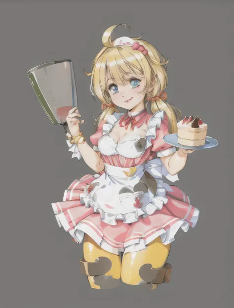 Cute and playful，Licking lips with tongue，A look of confidence，Red pupil，Making dessert，Slightly sideways，Head turned to the left，Look to the left，Wearing an apron，The expression is lively，Anime female characters
