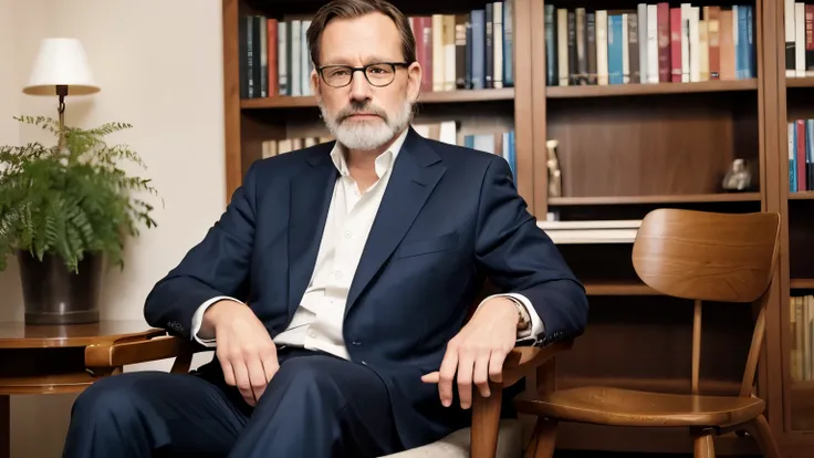 Bookshelf，Sitting on a chair，Englishman，50 years old，suit，Look at me