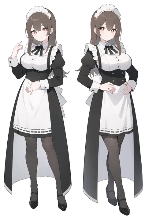 (best quality), (masterpiece), (Detailed lighting),(Extremely refined), (White background:1.4), 1 girl,about，Full body standing，Wearing a maid outfit, Brown pupils，Brown long hair，Big breasts，Stand up straight，Place your hands on your belly，Smiling，full-bo...