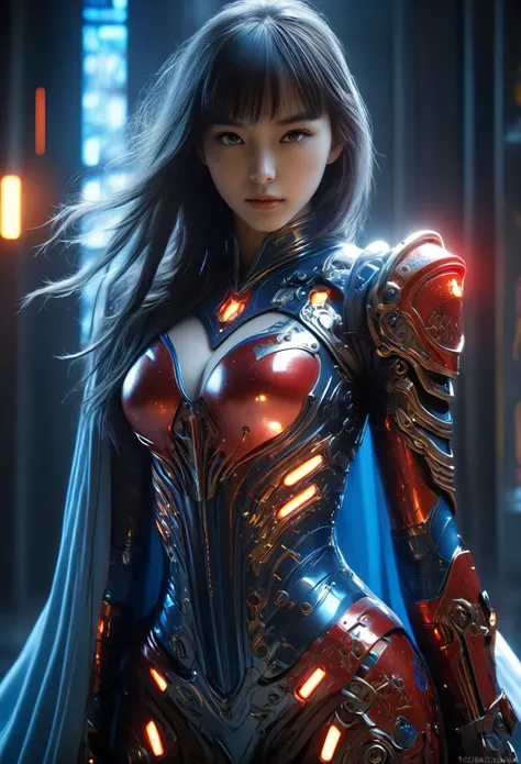 (Best Quality, 4K, 8K, High Resolution, Masterpiece: 1.2), (Super Detailed, Realistic, Photorealistic:1.37), A woman in futuristic clothing, Trending on cgstation, Trending on cgstation, (Portrait of a girl in the Knights of the Zodiac:1.4), blunt bangs, C...