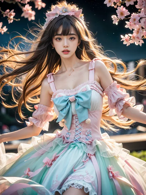 sweet_Lolita,  ((whole body)), Multi-colored hair，Striped hair，Cross Bangs，Messy hair，Colored contact lenses，Flower-shaped pupil，make up，shy，Blush，Parted lips，Heavy breathing，moan，torogao，Surrealism，Realism，Movie Lighting，Relief，Sony FE GM，Retina，masterpie...