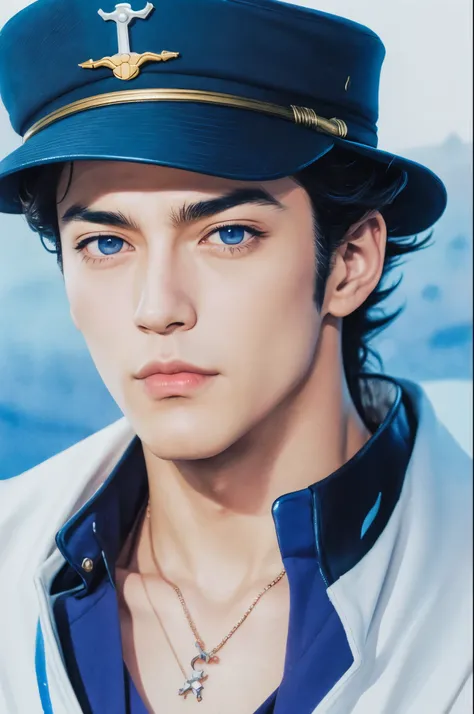 (jotaro kujo) Hirohiko Araki,Zoom in on face, Focus on the face, Blue Highlights,View your viewers, watercolor, manga, Noble youth, JoJo&#39;s Bizarre Adventure 