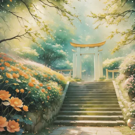 torii,no humans,cat,outdoor,stairs,plant,grass,flower,tree,watercolor