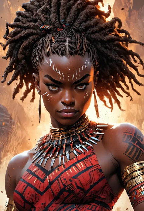 danai gurira as okoye from the movie black panther wakanda forever, highly detailed cinematic illustration, black outlining, ful...