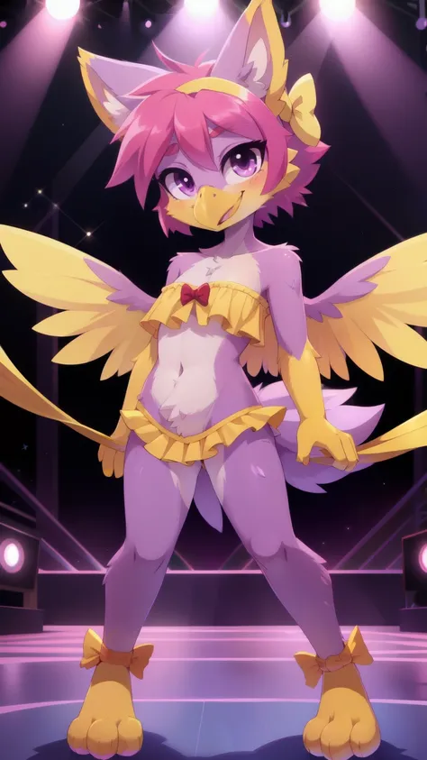 score_9,score_8_up,score_7_up, source_cartoon, source_furry, Furry girl, bird, yellow bird beak, magenta hair, short spiky hairstyle, short spiky ponytail, big eyes, anime style, small breasts, magenta eyes, big eyebrows, purple animal ears, ((yellow strap...