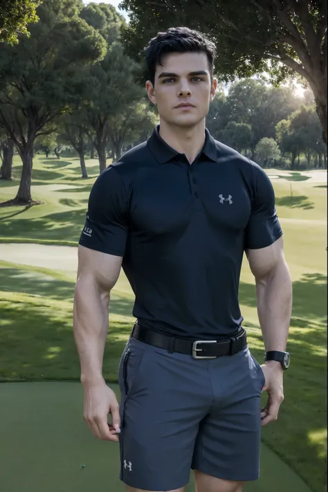 Joshua Orpin, ((wearing a tight blue under armour golf polo shirt:1.2)), ((blue golf polo shirt sleeves tight around his biceps:1.3)), ((wearing tight fitted black shorts with black belt with a silver buckle:1.2)), bulge in shorts, standing on golf course,...