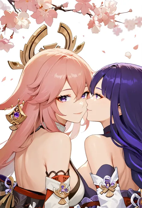 score_9, score_8_up, score_7_up,source_anime, high res image,masterpiece,best quality,2girl,cute face,clear skin,yae_miko_genshin,raiden_shogun_genshin,smile,looking each other,
