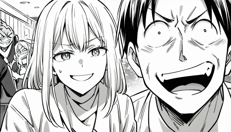 2girl and 1boy looking at me, mocking smile, showing their dark reality and laughing, wall in background, black and white manga ...