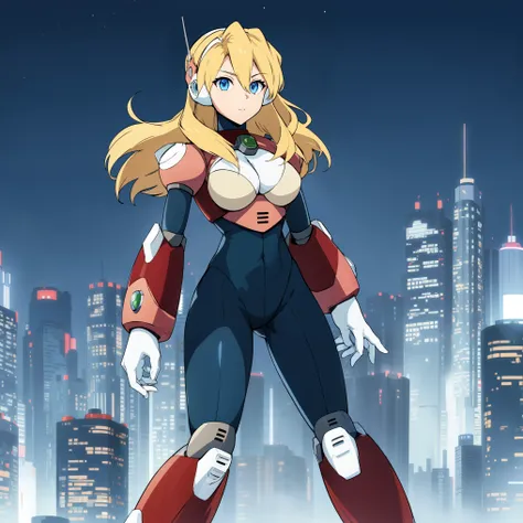 alia_megamanx, 1girl, solo, breasts, blue eyes, blonde hair, android, long hair, robot ears, high quality, masterpiece, standing on a moonlit background with city in sky background