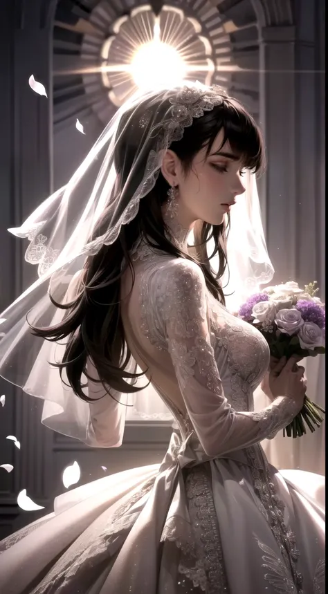 （Very delicate and beautiful：1.2）supermodel,,Big Breasts,Beautiful breasts,Tight waist、Small Ass、super high quality，8k，One Girl，bride，White lace dress，Princess Dress、luxury diamond necklace、Bouquet of roses in hand，And the sun was shining bright，And the su...