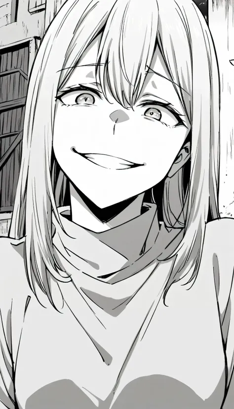 1girl looking at me, mocking smile, showing her dark reality and laughing, wall in background, black and white manga image.