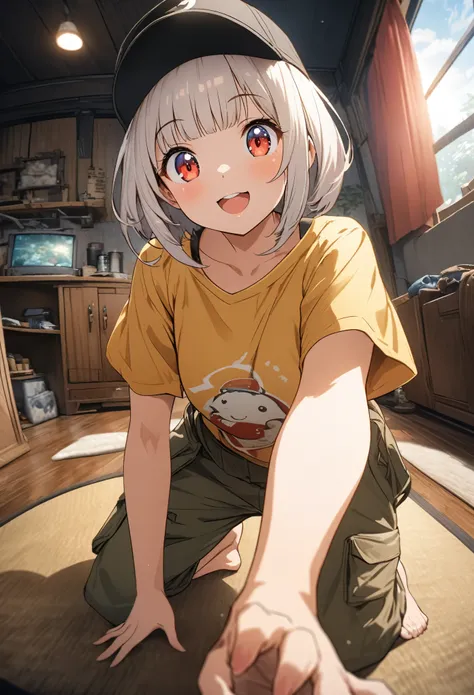 Micro-photography。Cute with white short bob hair and red eyes。Cute in Japanese anime illustration style。She is wearing an oversized yellow short-sleeved t-shirt。She is wearing sarouel cargo pants。She is barefoot。She is wearing a baseball cap。Photorealistic...