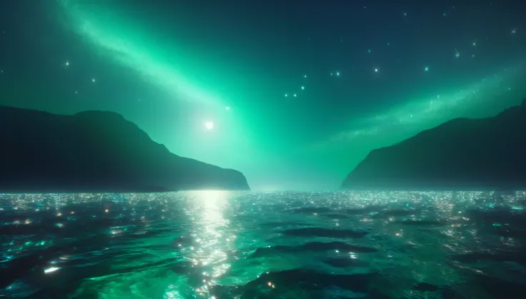 ((4K)) ((masterpiece)),night, Fantasy, Ocean, landscape, 月Light, Shine, water surface, greenい, Light, soft, Wave, Silence, 星null, reflection, mysterious, Calm, deep, green, dark, null, romantic, soft, tone, dream,moonlight