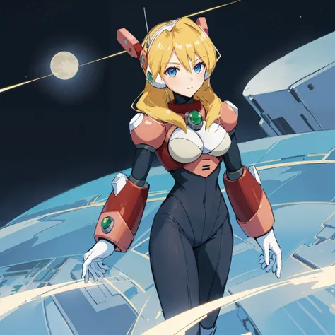 alia_megamanx, 1girl, solo, breasts, blue eyes, blonde hair, android, long hair, robot ears, high quality, masterpiece, standing on a moonlit background with city in sky background