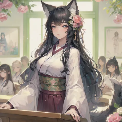  masterpiece, (textured skin), best quality, gorgeous beautiful, (a beautiful girl,wolf ears),detailed clothes,large breasts,narrow waist,, (beautiful face), cinematic lighting, (fantasy anime art ),