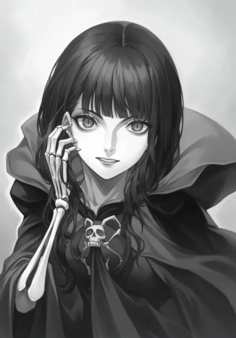 a black and white photo of a woman with long hair holding a skeleton hand, gothic maiden anime girl, anime skull portrait woman,...