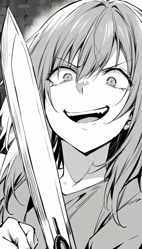 1girl looking at me, mocking smile, showing hus dark reality and laughing, pointing sword, wall in background, black and white m...