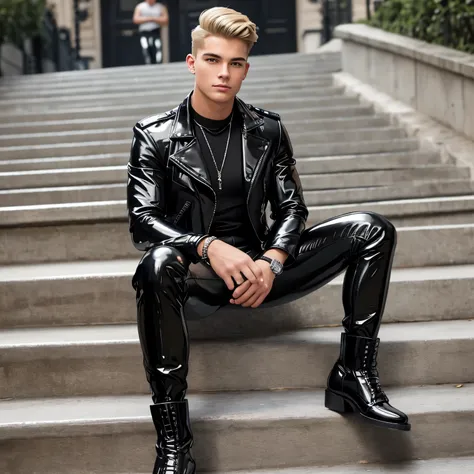 full-bodied image. a young caucasian american teen male model. posing for a professional photoshoot. blonde preppy undercut hair...