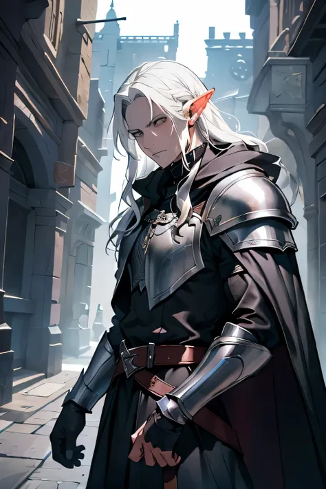 fancy, medieval times, a powerful rogue elf with long white hair, gray leather, pale skin, blank white eyes. he wears a blue clo...