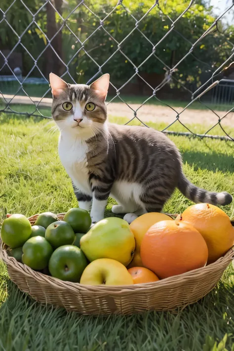 A cat wearing a fruit net